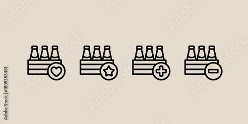 Set of four line icons representing beer bottles in crates with different symbols