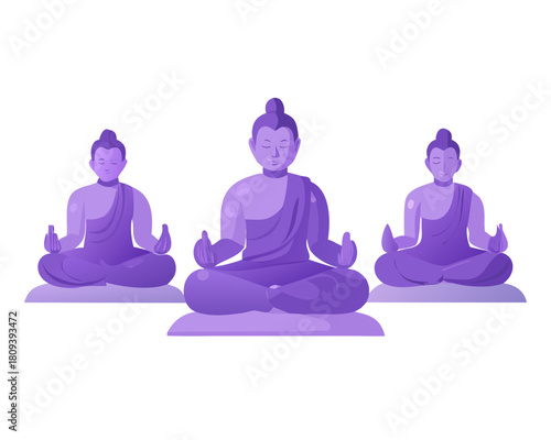 Purple buddha statues are shown in various poses, including sitting, head, lotus, and standing against background.