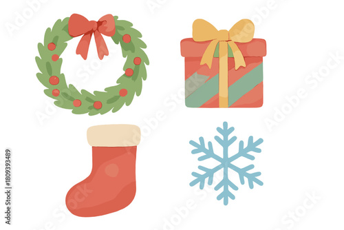 Christmas Icons Collection. Set of Christmas icons featuring a holiday wreath with red berries, a festive gift box wrapped in colorful paper, a classic Christmas. Vector illustration