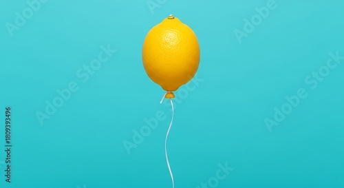 A lemon balloon floats against a bright blue background in studio shot
