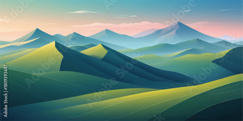 Minimalist green mountain landscape with smooth rolling hills and soft gradient lighting – vector illustration background.