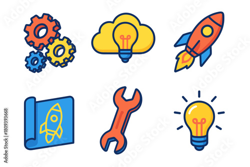 Innovative Energy Icons. Inventive Energy flat icons set. gears, idea cloud, rocket, blueprint, wrench, glowing bulb