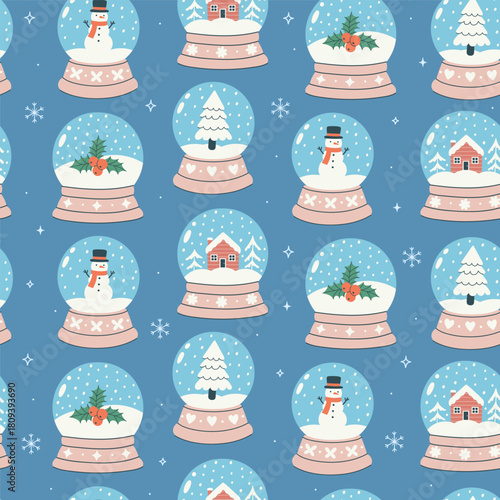 Seamless pattern with snow globes and snowflakes. Vector graphics.