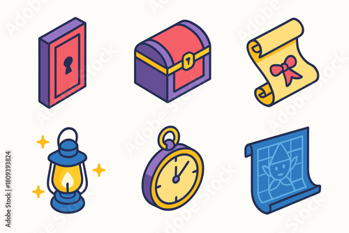 Isometric Secret Icons. Secret Planning Room flat icons set. keyhole door, locked chest, scroll ribbon, glowing lantern, pocket watch, elf blueprint