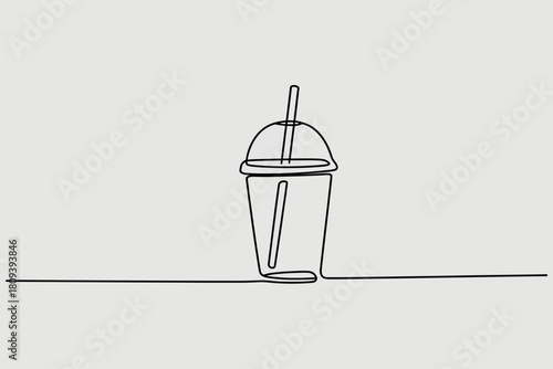 Minimalist continuous line drawing of a takeaway coffee cup with straw