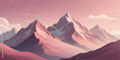 Serene pastel mountain landscape illustration with soft sunrise tones and layered peaks in minimalist vector style.