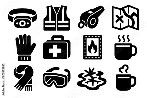 Safety Icon Collection. Safety & Warmth silhouette icon set. headlamp, reflector vest, safety whistle, map, glove, first aid kit, hand warmer, thermal pack, scarf, snow goggles