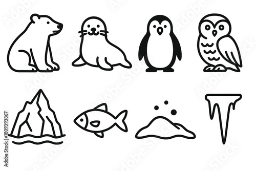 Arctic Animal Icons. Arctic Animals linear icon set. polar bear, seal, penguin, snowy owl, iceberg, fish, snowdrift, icicle