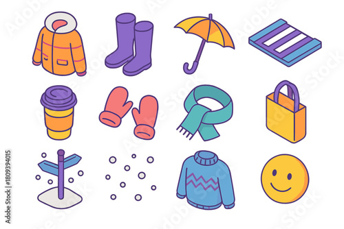 Snowy City Essentials. Snowy City Walks flat icons set. warm parka, tall boots, umbrella, crosswalk, coffee cup, mittens, wool scarf, tote bag, street sign, falling snow, cozy