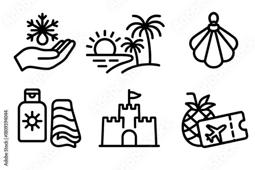Winter to Tropical Icons. Winter Escape Vibes linear icon set. snowflake melting on palm, tropical sunrise, warm beach towel, seashell ornament, sun lotion, sandcastle, pineapple