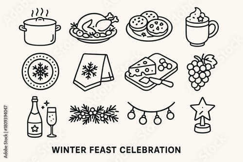 Winter Feast Icons. Winter Feast Celebration linear icon set. stew pot, roasted vegetables, cookies, mugs of cocoa, decorated plates, snowflake napkin, cheese board, grapes
