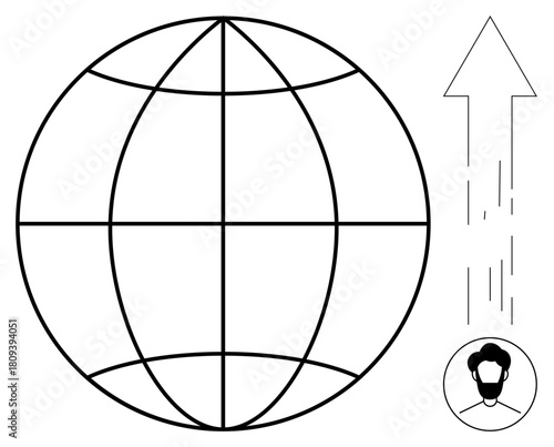 Globe with longitudinal and latitudinal lines beside ascending arrow and person silhouette. Ideal for global impact, progress, growth, strategy, innovation, leadership, digital transformation. Simple