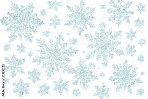 Intricate Snowflake Patterns. Stylized snowflakes, each uniquely designed with intricate patterns, are scattered across the composition. The soft, icy blue palette. Vector illustration
