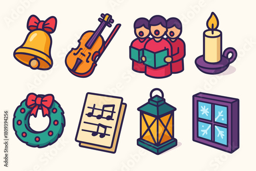 Festive Holiday Icons. Holiday Harmony flat icons set. bell, violin, choir, candle, wreath, music sheet, lantern, frosty window
