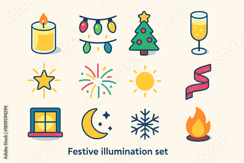Festive Icon Collection. Festive Illumination flat icons set. candle jar, twinkling lights, Christmas tree, champagne glass, radiant star, fireworks burst, soft glow, ribbon