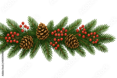 Elegant Christmas Garland. Elegant Christmas garland featuring lush green pine branches adorned with pine cones and clusters of red berries. The composition is. Vector illustration