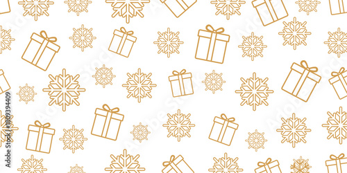 Elegant seamless Christmas and winter pattern featuring golden-brown outline icons of gift boxes and stylized snowflakes scattered randomly on a plain white background.