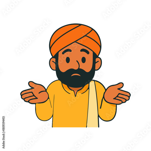 Indian man confused gesture illustration. Character in orange turban shrugging shoulders with uncertain face in flat cartoon style.