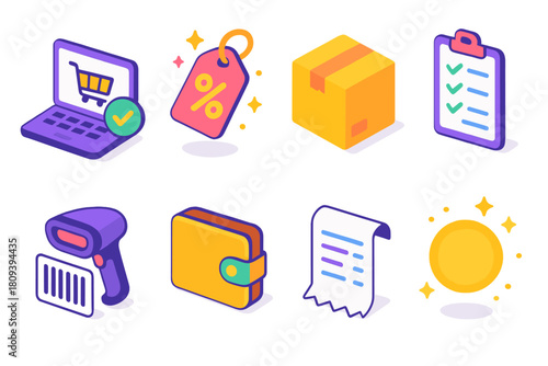 Digital Shopping Icons. Digital Shopping Spree flat icons set. laptop checkout, discount tag, package box, shopping list, barcode scanner, wallet, receipt, festive glow