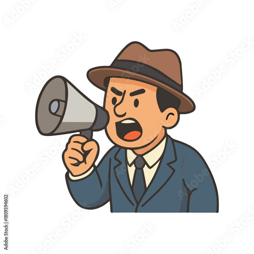 Man shouting with megaphone. Angry announcer with loudspeaker. Retro man giving announcement