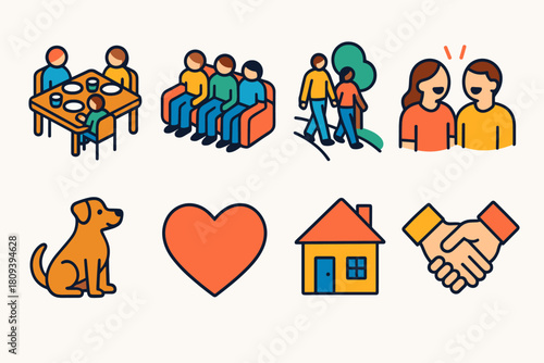 Everyday Togetherness Icons. Everyday Togetherness flat icons set. family meal, couch gathering, walk in park, laughter, pet, heart, home, hands joined