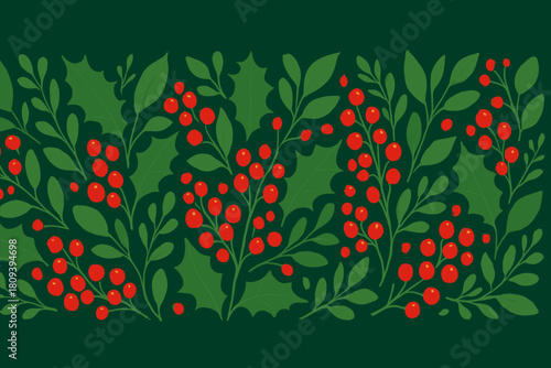 Festive Greenery Band. Lush array of green leaves and red berries is intricately arranged in a horizontal band, creating a rich, festive pattern. The vibrant foliage. Vector illustration