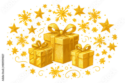 Festive Stars and Snowflakes. Golden stars and snowflakes dance around a central motif of wrapped presents, creating a lively and festive atmosphere. The rich gold. Vector illustration