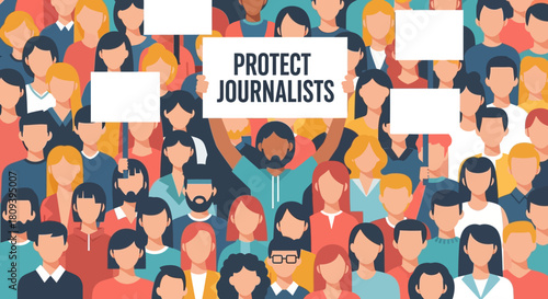 Diverse Crowd Holding 'Protect Journalists' Sign in Public Demonstration Advocating Press Freedom and Media Safety