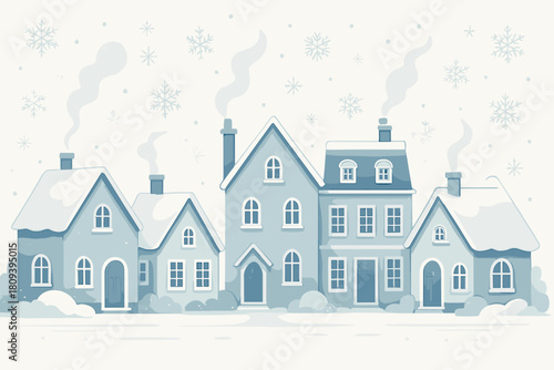 Winter Village Serenity. Elegant row of snow-covered houses and cottages, embellished with snowflakes, lining a quiet winter street. Each house features unique. Vector illustration