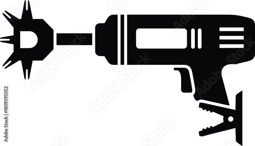 Industrial electric handheld power tool with clamp and star drill bit attachment, mechanical workshop equipment, construction hardware device, DIY repair instrument