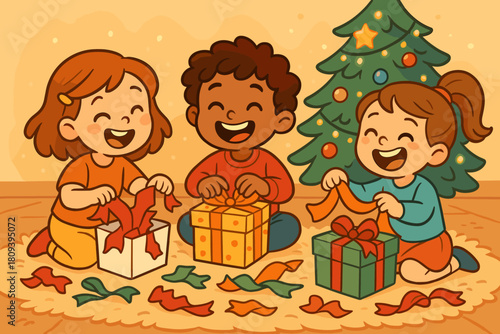 Joyful Gift Unwrapping. Children playfully engaged in unwrapping gifts, their excitement palpable. They sit on a plush rug near the Christmas tree, surrounded by. Vector illustration