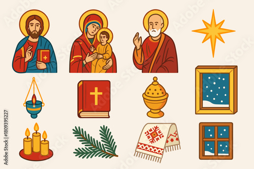 Modern Orthodox Icon Display. Orthodox Christmas Religious Icon Display flat icons set. Christ Pantocrator, Virgin with Child, saintly figure, radiant star, altar lamp, holy book