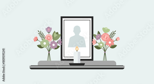 Framed Silhouette with Candle and Floral Arrangements in Peaceful Memorial Tribute Setting