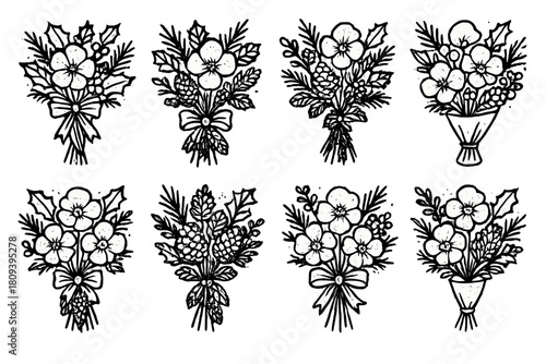 Winter Floral Icons. Winter Bouquets linear icon set. snow-covered petals, holly leaves, pine branches, elegant ribbon, white blooms, pinecones, frost accents, bouquet wrap