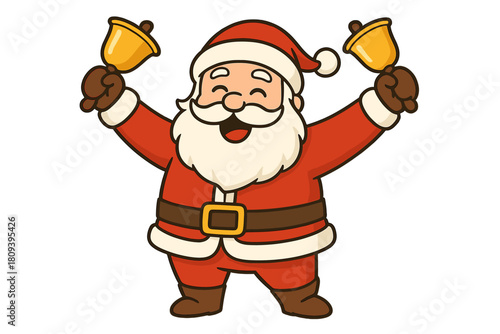 Jolly Santa Ringing Bells. Santa Claus joyfully ringing two golden bells, dressed in his classic red suit with a white beard and hat. His arms are raised, and his. Vector illustration