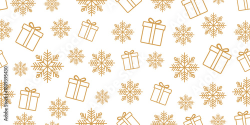 Elegant seamless Christmas and winter pattern featuring golden-brown outline icons of gift boxes and stylized snowflakes scattered randomly on a plain white background.