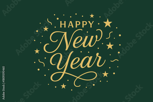 Elegant New Year Emblem. Sophisticated New Year emblem with 'Happy New Year' elegantly written in gold. The text is accompanied by small golden stars and confetti,. Vector illustration