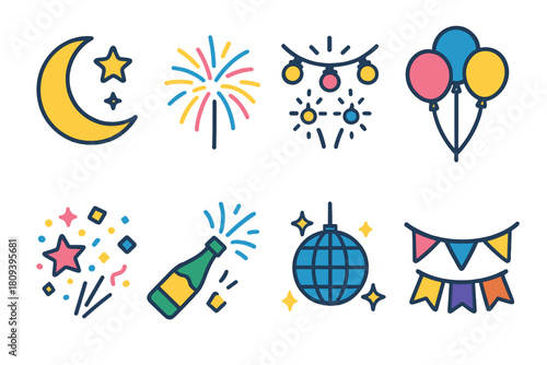 Festive Midnight Icons. Midnight Fest Icons flat icons set. moon and stars, fireworks, glowing lights, balloon bunch, confetti sparkle, champagne pop, disco ball, garland