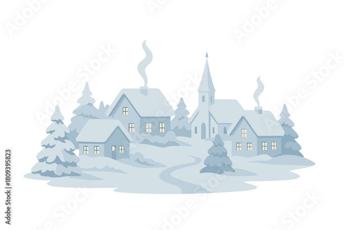 Quaint Winter Village. Serene winter landscape with a quaint snow-covered village. Smoke gently rises from chimneys, and warm lights glow from windows. The scene is. Vector illustration