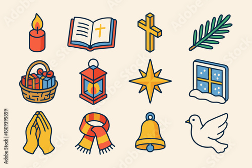 Orthodox Christmas Icons. Orthodox Christmas Generosity flat icons set. candle flame, open bible, golden cross, pine branch, basket of gifts, glowing lantern, star of hope, snowy