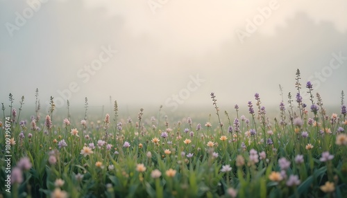 calm pastel meadow with soft green grass, peach and lilac wildflowers, misty atmosphere, smooth gradients, cinematic soft focus, no humans