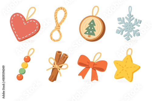 Vibrant Ornament Icons. Homemade Ornaments flat icons set. felt heart, twine loop, painted wood disc, paper snowflake, beaded string, cinnamon stick decor, ribbon bow, cozy star