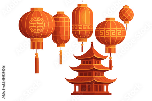 Festive Lantern Display. Traditional Chinese lanterns hang gracefully, each intricately decorated with geometric patterns and soft gradients. The lanterns cascade. Vector illustration