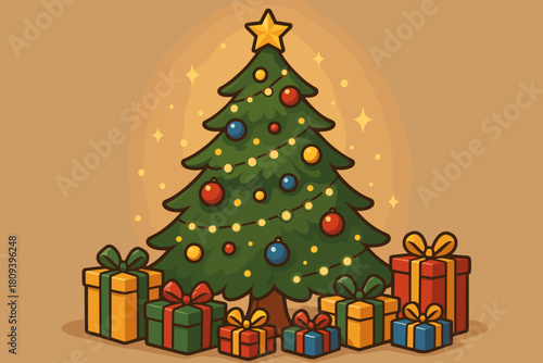 Festive Christmas Tree. Decorated Christmas tree stands proudly, adorned with colorful ornaments and twinkling lights. Presents are piled underneath, wrapped in. Vector illustration