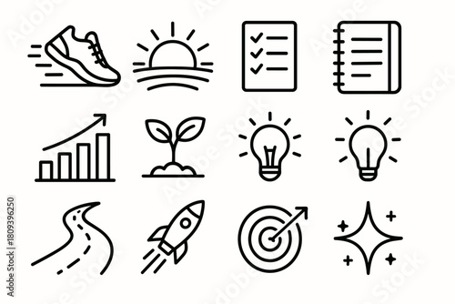 Icons of New Beginnings. Empowered New Beginnings linear icon set. running shoes, sunrise horizon, checklist, notebook, bar chart, plant sprout, lightbulb, open path, rocket trail
