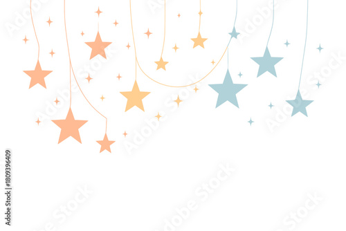Festive Star Garland. Decorative garland of twinkling stars hangs from the top, casting a gentle glow. The backdrop is a soft gradient of warm reds and cool blues,. Vector illustration
