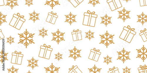 Elegant seamless Christmas and winter pattern featuring golden-brown outline icons of gift boxes and stylized snowflakes scattered randomly on a plain white background.