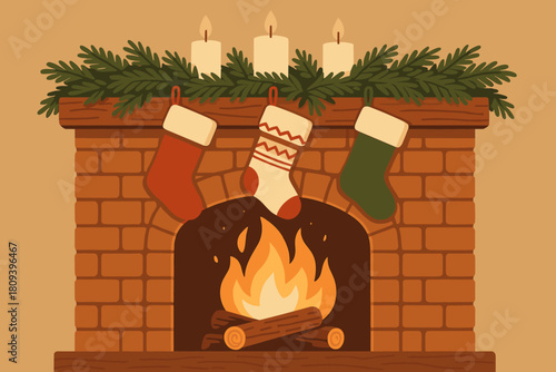 Cozy Christmas Fireplace. Cozy fireplace scene with stockings hanging and a crackling fire burning warmly. The mantle is decorated with pine garlands and candles,. Vector illustration