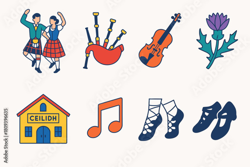 Burns Night Icons. Burns Night Traditional Dancing flat icons set. Scottish dancers, bagpipes, tartan kilts, fiddle, thistle flower, ceilidh hall, music notes, dancing shoes
