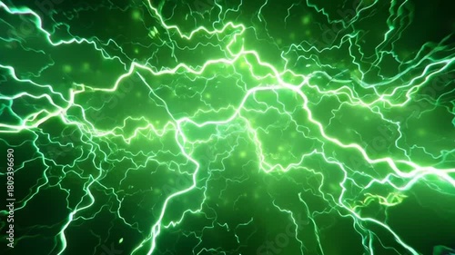 Vibrant green electrical lightning bolts and energy discharge creating a powerful and dynamic abstract background.